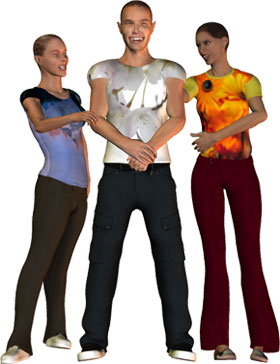 man and 2 women with brght colored clothes