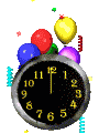 clock at midnight with balloons and confetti