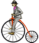 man riding bike with big wheel
