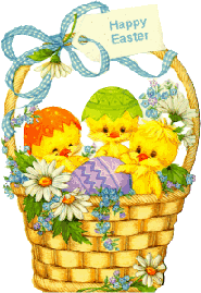 happy easter with happy looking chicks in Easter basket