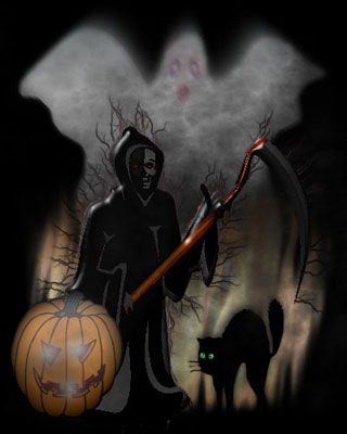 halloween scene - grim reaper, black cat, ghost