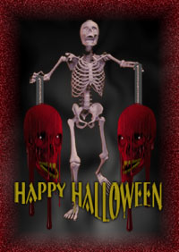 one skeleton, 2 skulls and happy halloween with smoke
