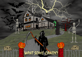 grim reaper, witch, 2 skeletons and bats in front of a haunted house