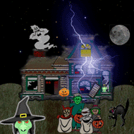 haunted house with ghosts, witches and trick or treaters